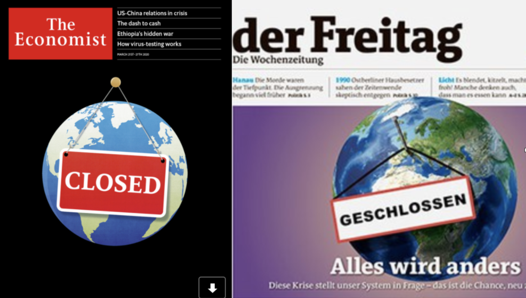 Zwei Zeitschriftencover, die jeweils einen Globus zeigen, auf dem ein Schild hängt mit der Aufschrift "Closed" bzw. "Geschlossen"