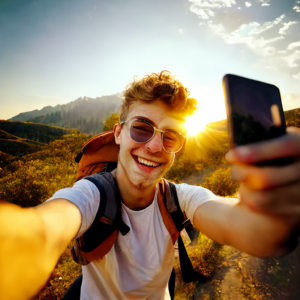 Jugendlicher im Freizeitlook macht Selfie