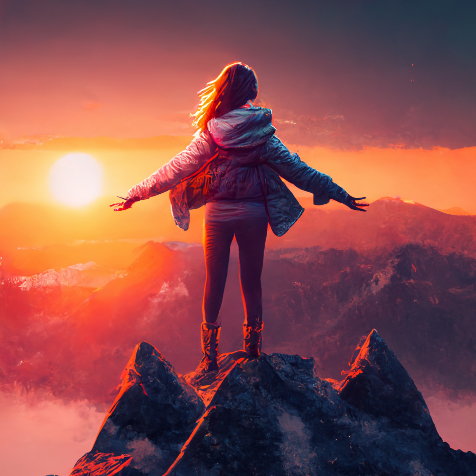 Frau steht auf einem Gipfel und blickt in die Sonne