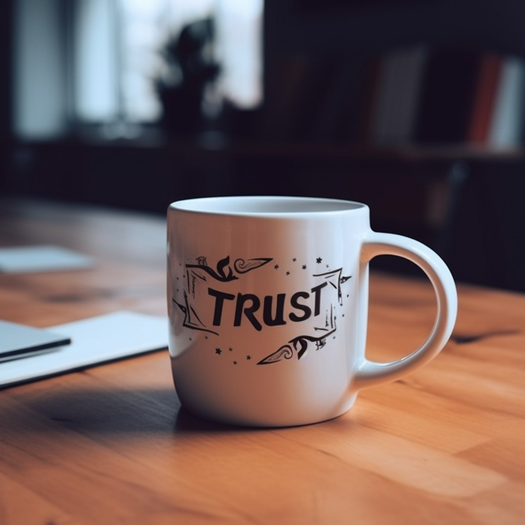 Eine Tasse steht auf einem Schreibtisch. Auf ihr das Wort: "Trust"