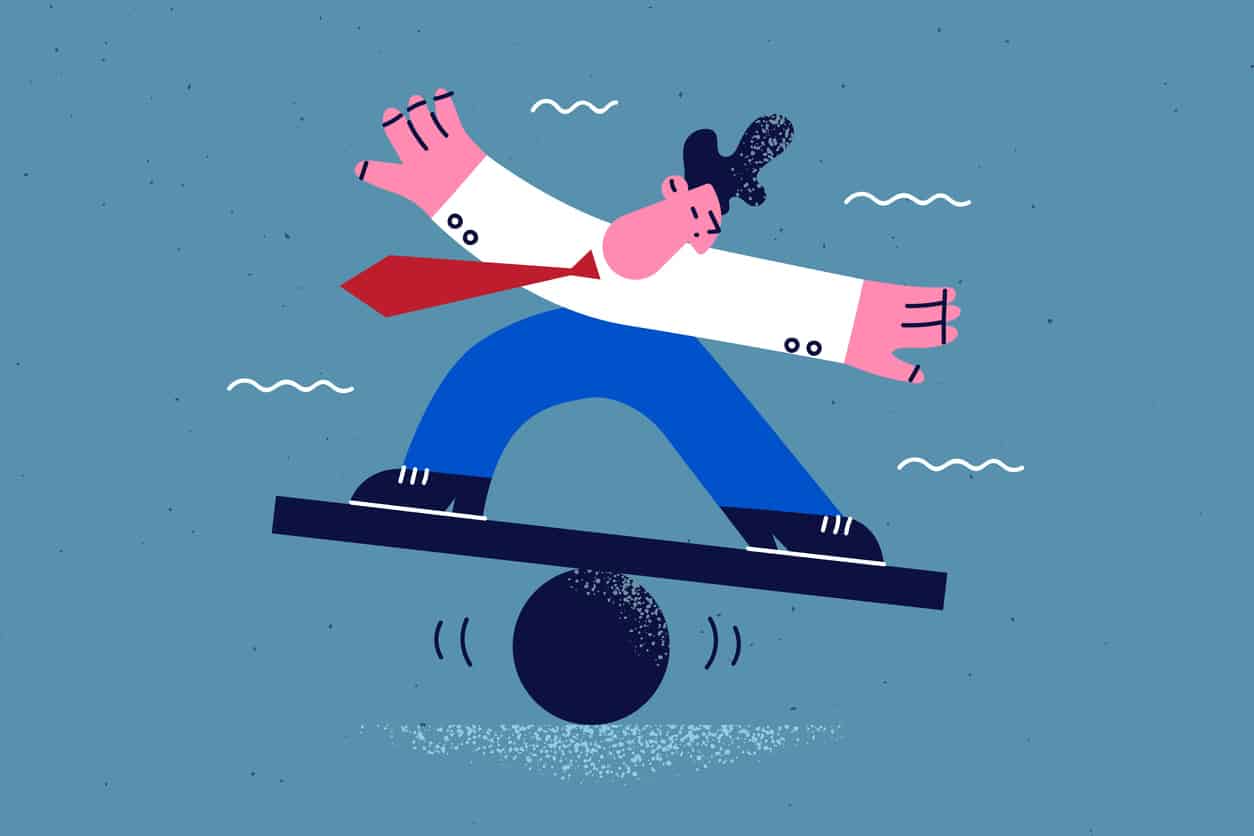 Business challenge, balance, stability concept Person, die auf einer Waage steht und das Gleichgewicht nicht halten kann